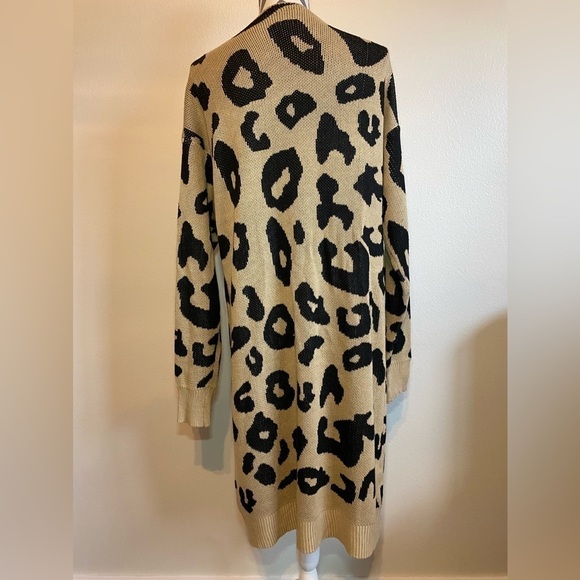 Vestidos Tan Black Leopard Print Cardigan Womens‎ SZ L Duster Open Front sweater - Picture 6 of 7
